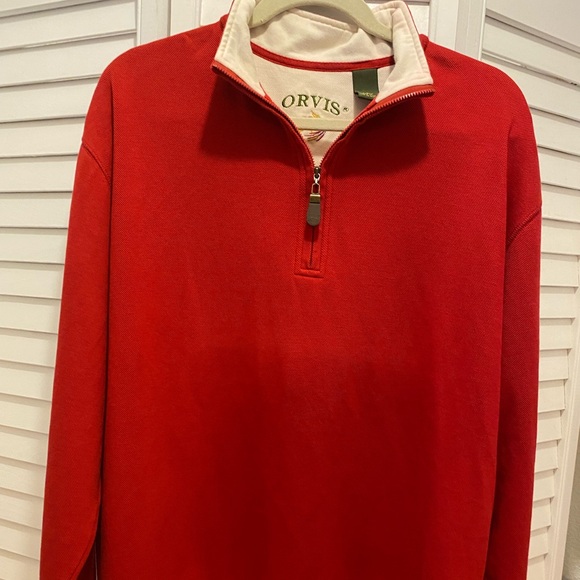 ORVIS Men’s 100% Pima Cotton “1/4 Zip Shirt” Size L Red/Cream LongSleeves EUC - Picture 1 of 6
